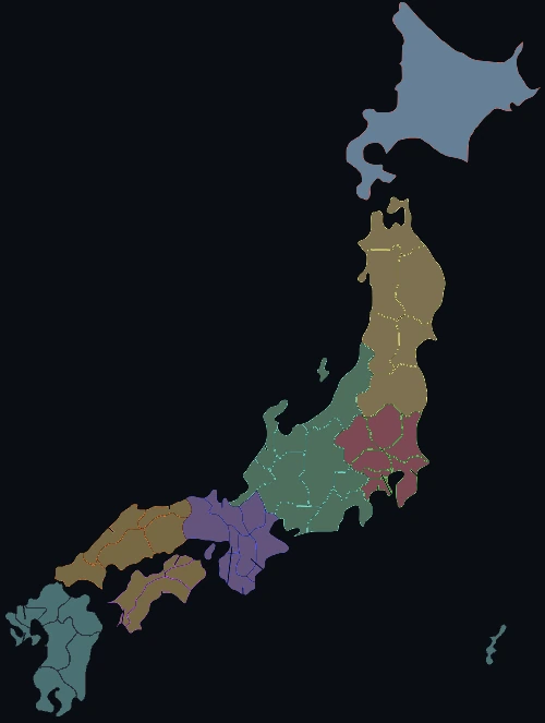 7地方ごとに色分けした日本の都道府県地図